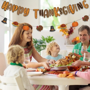 Happy Thanksgiving banner with pumpkin and turkey decorations for festive party display