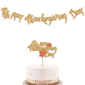 Gold Glitter Happy Thanksgiving Day Banner And Maple Leaf Cake Topper Set For Thanksgiving Party Decorations Home Decor