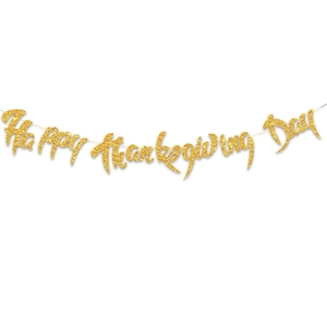 Glittering golden Happy Thanksgiving Day banner for autumn themed party decoration
