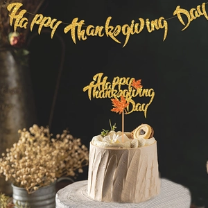 Golden glitter Happy Thanksgiving Day banner and maple leaf cake topper party set