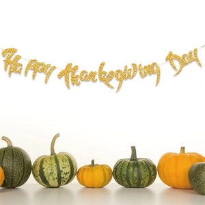 Golden glitter Happy Thanksgiving Day banner decoration with assorted pumpkins