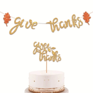 Give Thanks banner and gold glitter cake topper set for Thanksgiving party decorations