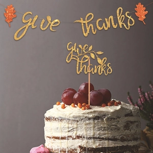 Golden glitter Give Thanks cake topper and matching banner set for Thanksgiving decor