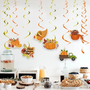 Thanksgiving party swirl decorations featuring golden PVC spirals and festive paper tags