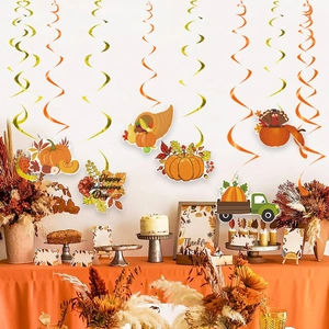 Thanksgiving hanging swirl decorations with pumpkin and turkey cards for party decor