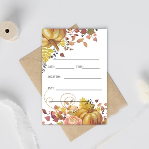 Autumn Thanksgiving pumpkin invitation card with floral details and brown envelope