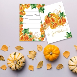 Thanksgiving pumpkin party invitations set with Give Thanks script and maple leaf decor