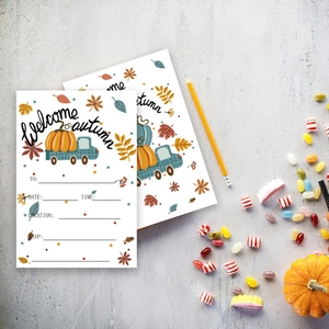 Thanksgiving autumn party invitation cards with pumpkin truck design and RSVP fields