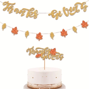 Thanksgiving gold glitter banner with maple leaf garland and cake topper set