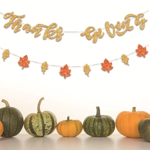 Thanksgiving banner set with golden glitter letters and autumn maple leaf garland decoration