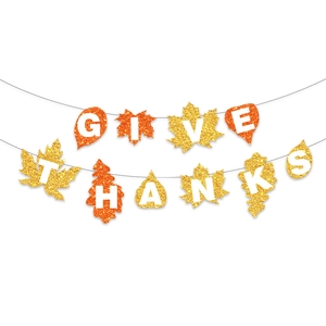 Glittery maple leaf banner with GIVE THANKS letters for Thanksgiving party wall decor