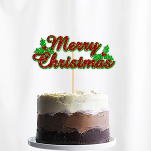 Topper Per Torta Buon Natale Carta Luccicante Festivo Rosso Verde Agrifoglio Bacca Decorazione Festa