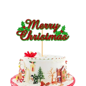 Topper per torta Buon Natale glitterato rosso e verde per decorazioni festive di festa