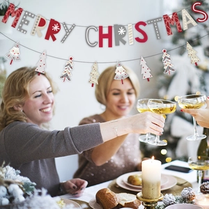 Merry Christmas banner set with red and white festive tree pendants for party decoration