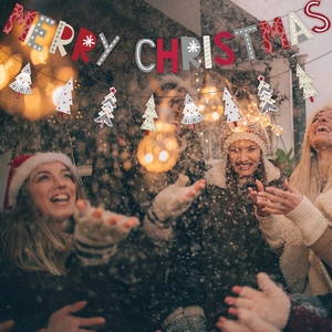 Merry Christmas banner set with red and white letters and decorative Christmas tree flags
