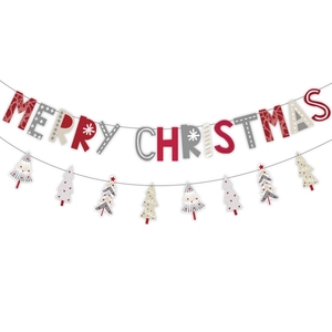 Red and grey Merry Christmas banner with decorative paper trees for holiday party decor
