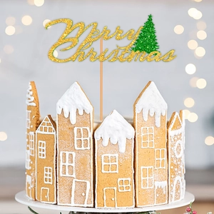 Sparkling Merry Christmas cake topper set with golden text and green glitter tree