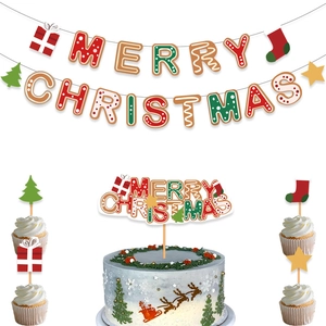 Christmas party decoration set with Merry Christmas banner and gingerbread cake toppers