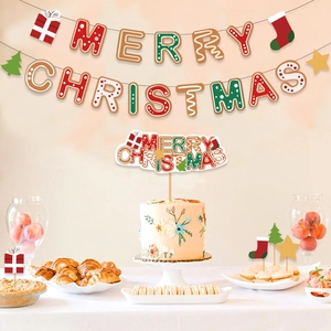 Christmas Banner And Cake Toppers Paper Gingerbread Cookie Merry Christmas Bunting For Holiday Party Dessert