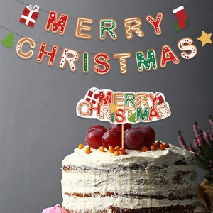 Gingerbread style Merry Christmas banner set with matching festive cake topper decor