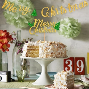 Topper per torta Merry Christmas dorato e set di striscioni per decorazione natalizia