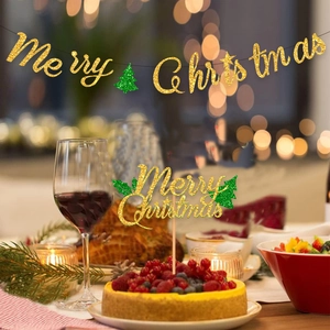 Set di striscioni e decorazioni per torte Merry Christmas glitterati oro per feste