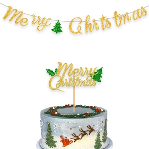 Striscione e topper per torta Merry Christmas glitterati dorati per festa di Natale