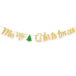Striscione dorato glitterato Merry Christmas con albero per decorazione natalizia