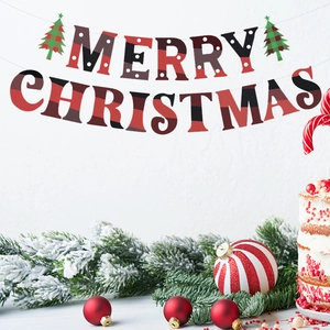 Bannière Joyeux Noël Guirlande à Carreaux Buffalo Rouge et Noir Décoration de Fond de Fête Festive Sapin de Noël en Cartonnette Imprimée Bannière Suspendue pour Célébration de Fête à la Maison