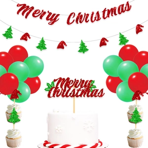 Merry Christmas party decoration set with red glitter banner, cake toppers and balloons