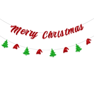 Sparkling Merry Christmas banner set with festive red glitter letters and holiday icons