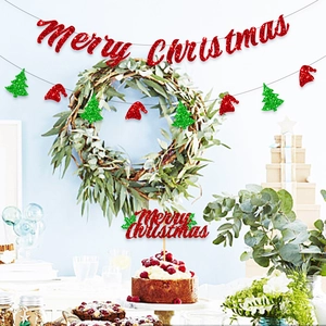 Christmas party decoration set with Merry Christmas banner, garland and cake topper