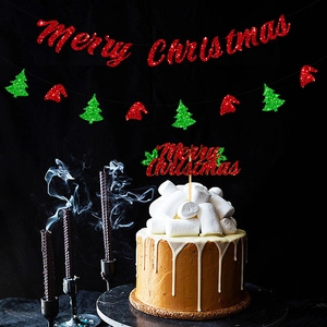 Merry Christmas glitter cake topper and banner set for festive party decoration