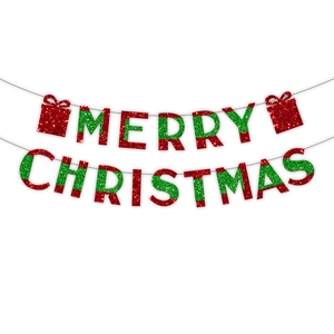 Glittery Merry Christmas banner with red and green striped letters and gift box icons