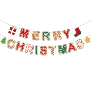 Festive Christmas banner set with gingerbread style letters and holiday ornaments hanging