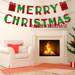 Merry Christmas Banner Glitter Paper Hanging Garland Festive Party Decoration Red Green Letter Ornament
