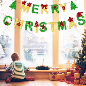 Glittering Merry Christmas banner with tree and gingerbread man ornaments for party decor