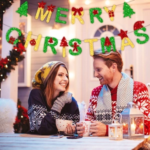 Merry Christmas Banner Glitter Paper Hanging Decoration Festive Red Green Gold Letter Flag Party Supplies
