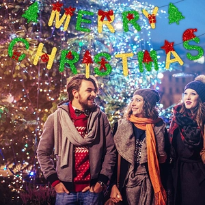 Glittery Merry Christmas banner set with festive red green letters and stars decor