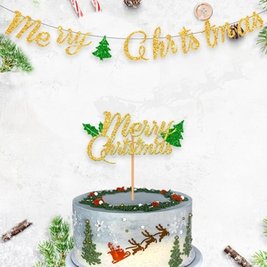 Set Di Stradone E Decorazione Per Torte Merry Christmas Carta Luccicante Oro Verde Decorazione Per Festa