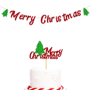 Glittery Merry Christmas banner set with green Christmas tree and cake topper decorations
