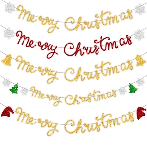 Merry Christmas Banner Glitter Paper Garland Snowflake Tree Bell Hanging Bunting Holiday Party Decoration