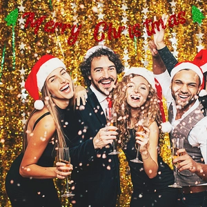 Sparkling red glitter Merry Christmas banner with green trees for holiday party decor