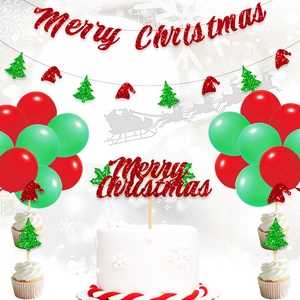 Merry Christmas Glitter Paper Banner Garland Cake Topper Set Red Green Latex Balloons Home Party Decoration Props