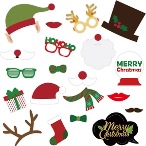 Christmas photo booth props set including Santa hats, reindeer antlers and glasses