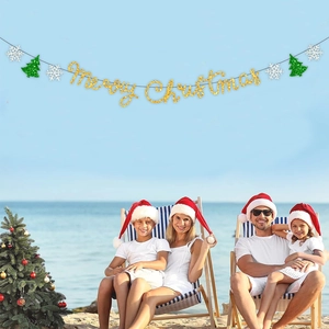 Golden glitter Merry Christmas banner with green trees and white snowflakes for party decor