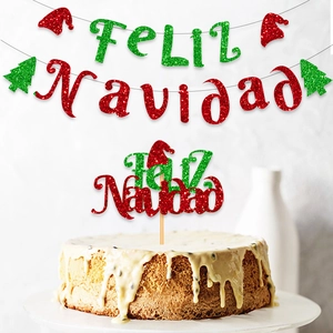 Feliz Navidad Banner And Cake Toppers Glitter Paper Red Green Christmas Party Decorations Festive Ornament