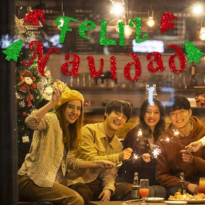 Sparkly Feliz Navidad Christmas banner with red and green glitter letters and festive icons