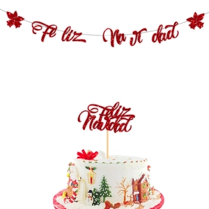 Bannière de Noël Feliz Navidad rouge pailletée et ensemble de décoration de gâteau