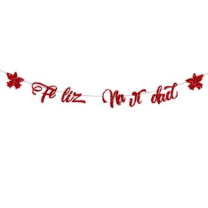 Bannière Feliz Navidad rouge pailletée avec fleurs dorées pour décoration de Noël